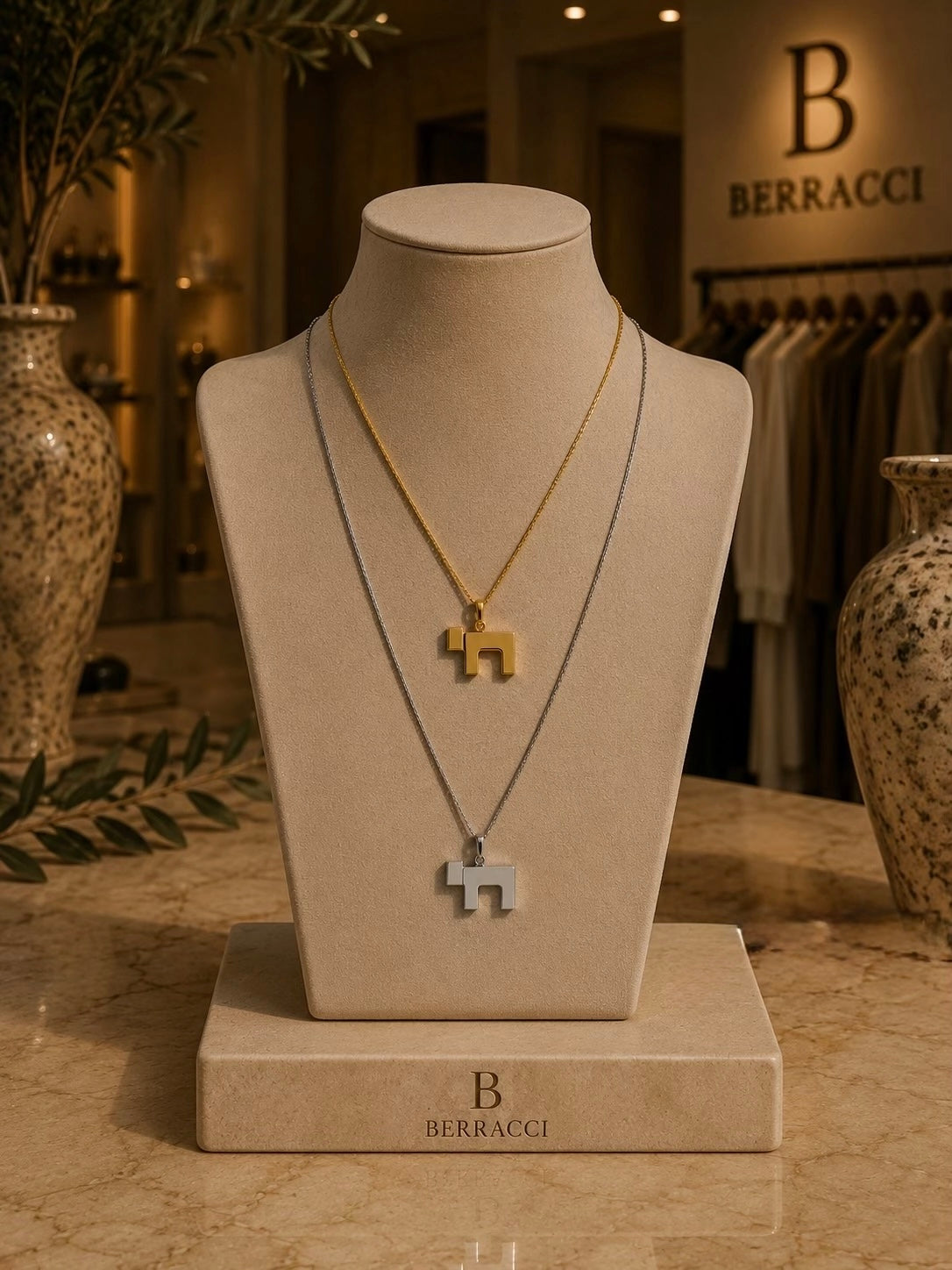 Colliers Maison Berracci sur presentoir en boutique